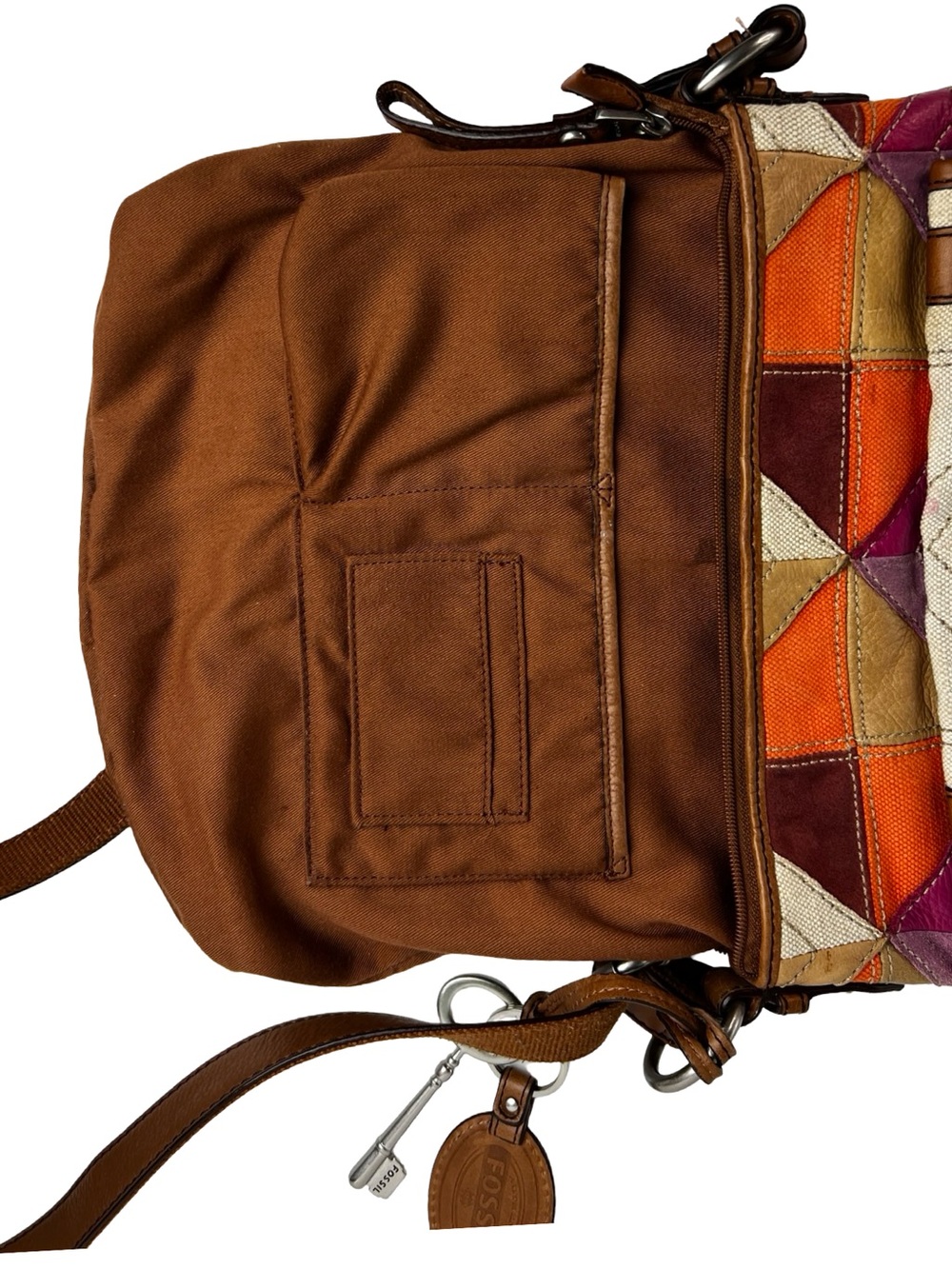 Fossil ZB4687 Patchwork Crossbody Bag Y2K Boho Leather Canvas Key Charm - Picture 11 of 12